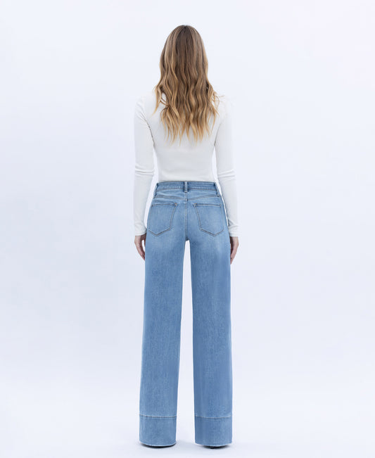 Back product images of Legitimate - High Rise Raw Hem A-Line Wide Leg Jeans