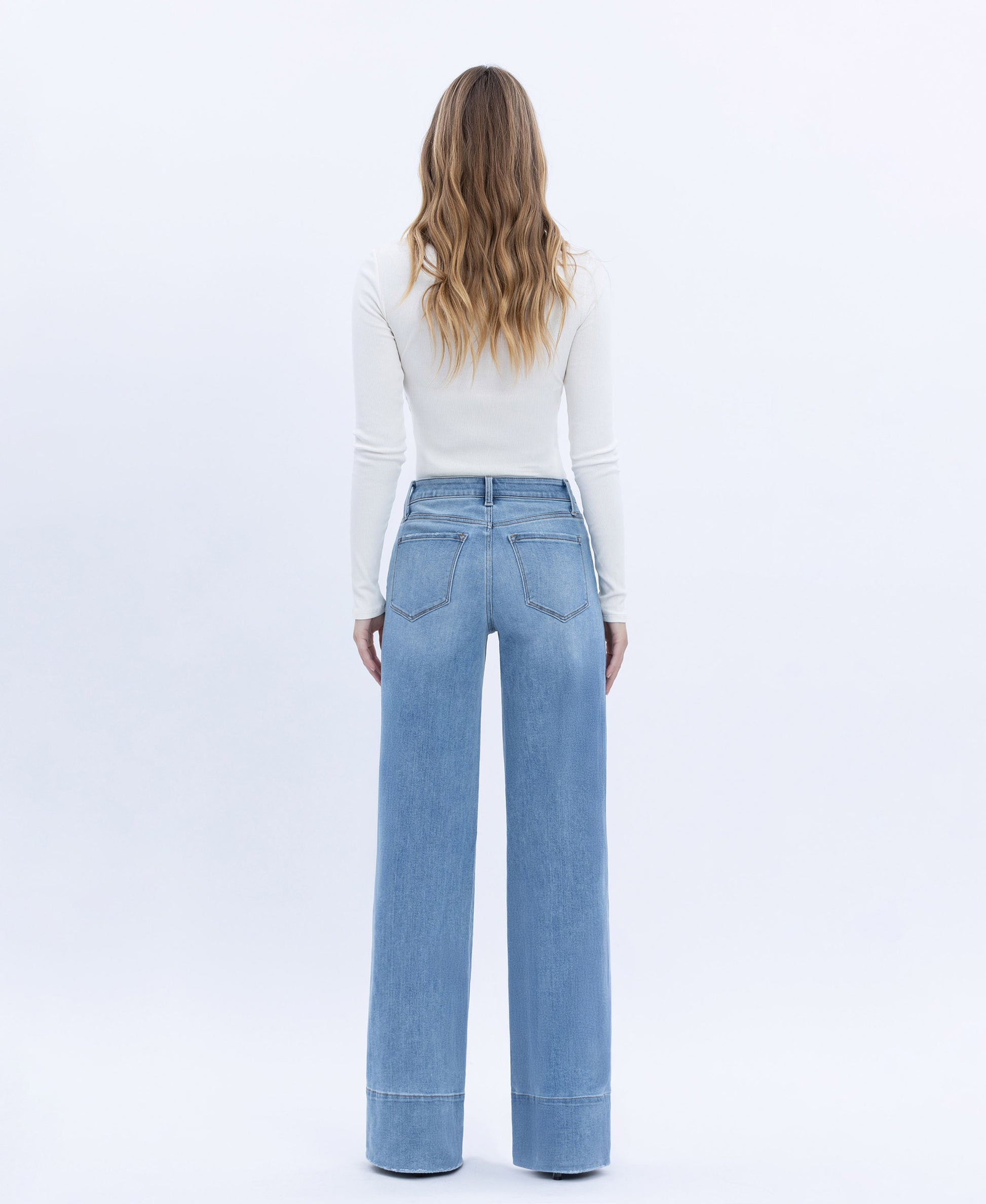 Back product images of Legitimate - High Rise Raw Hem A-Line Wide Leg Jeans