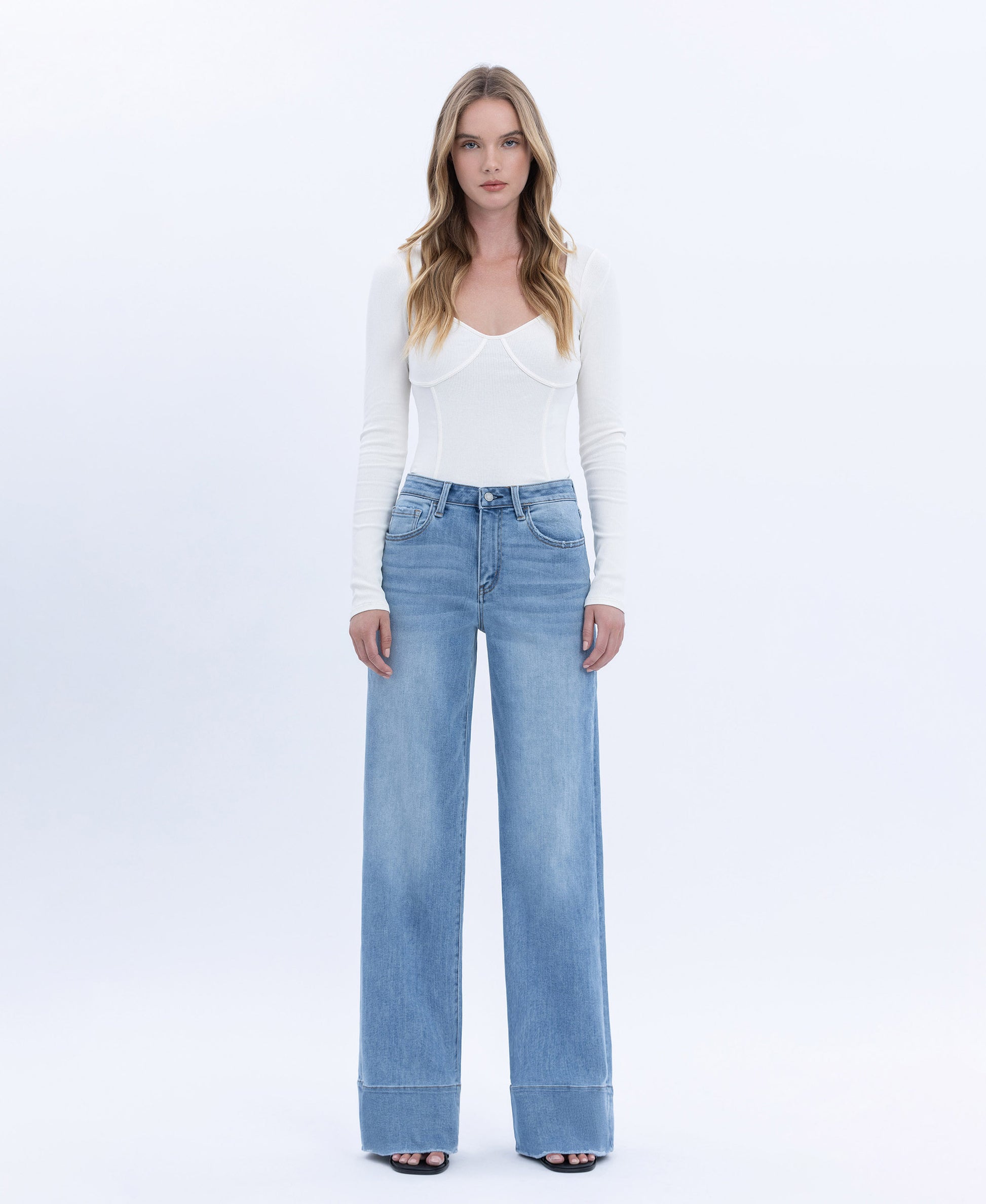 Front product images of Legitimate - High Rise Raw Hem A-Line Wide Leg Jeans