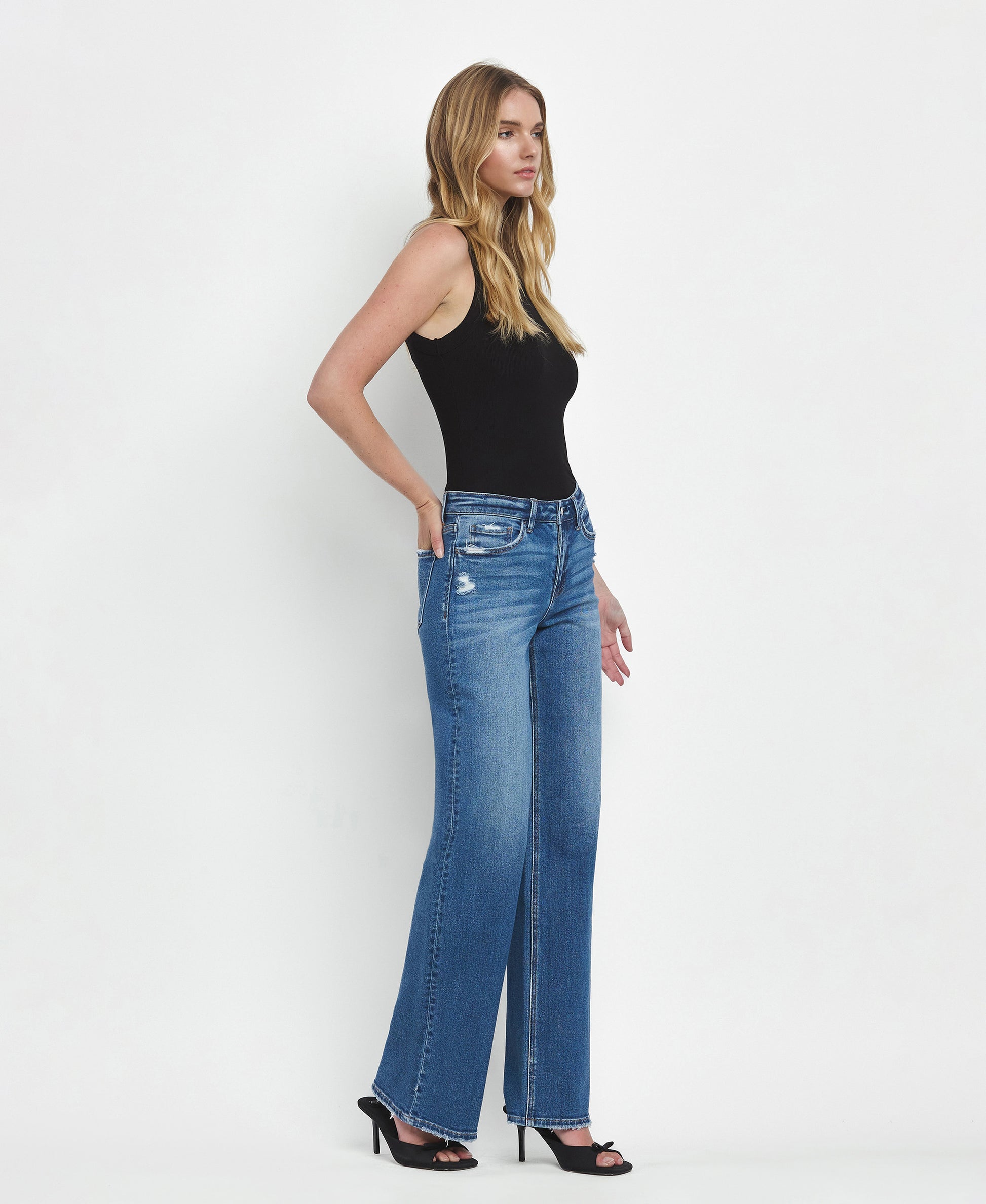 Right 45 degrees product image of Secure - Mid Rise Full Length Wide Leg Jeans
