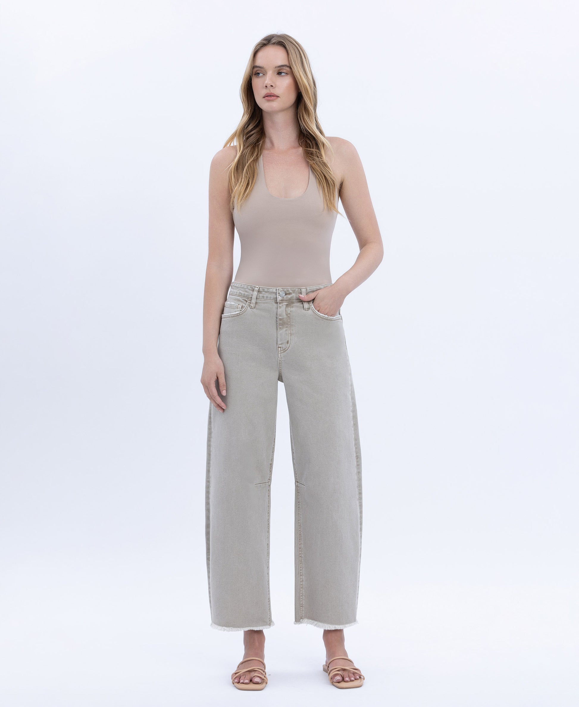 Front product images of Cinder - Super High Rise Frayed Hem Wide Barrel Jeans