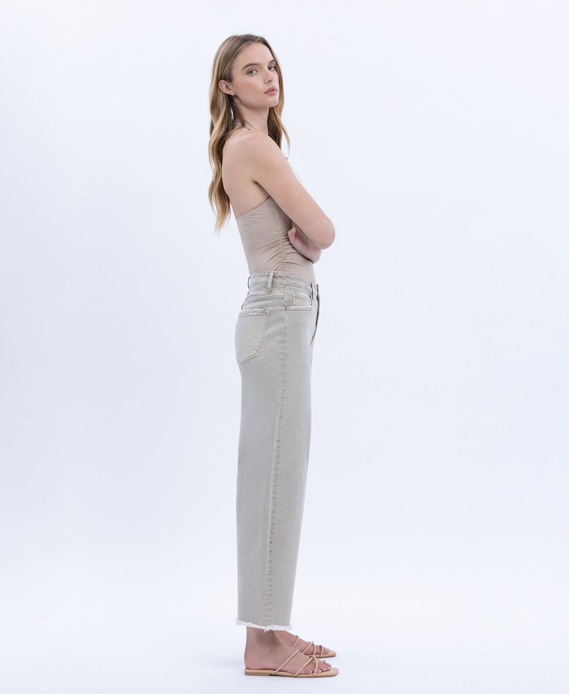 Right 45 degrees product image of Cinder - Super High Rise Frayed Hem Wide Barrel Jeans