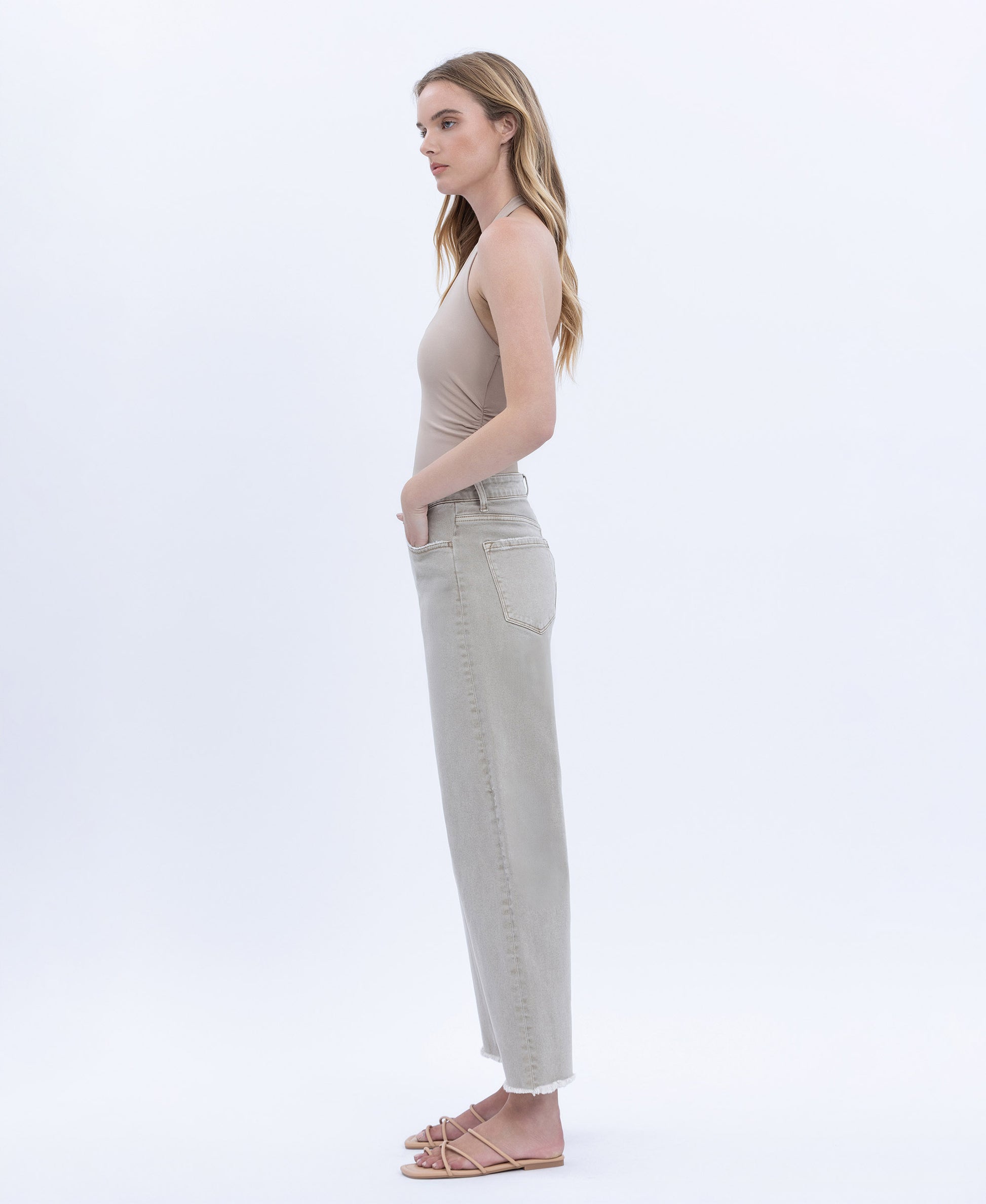Left 45 degrees product image of Cinder - Super High Rise Frayed Hem Wide Barrel Jeans