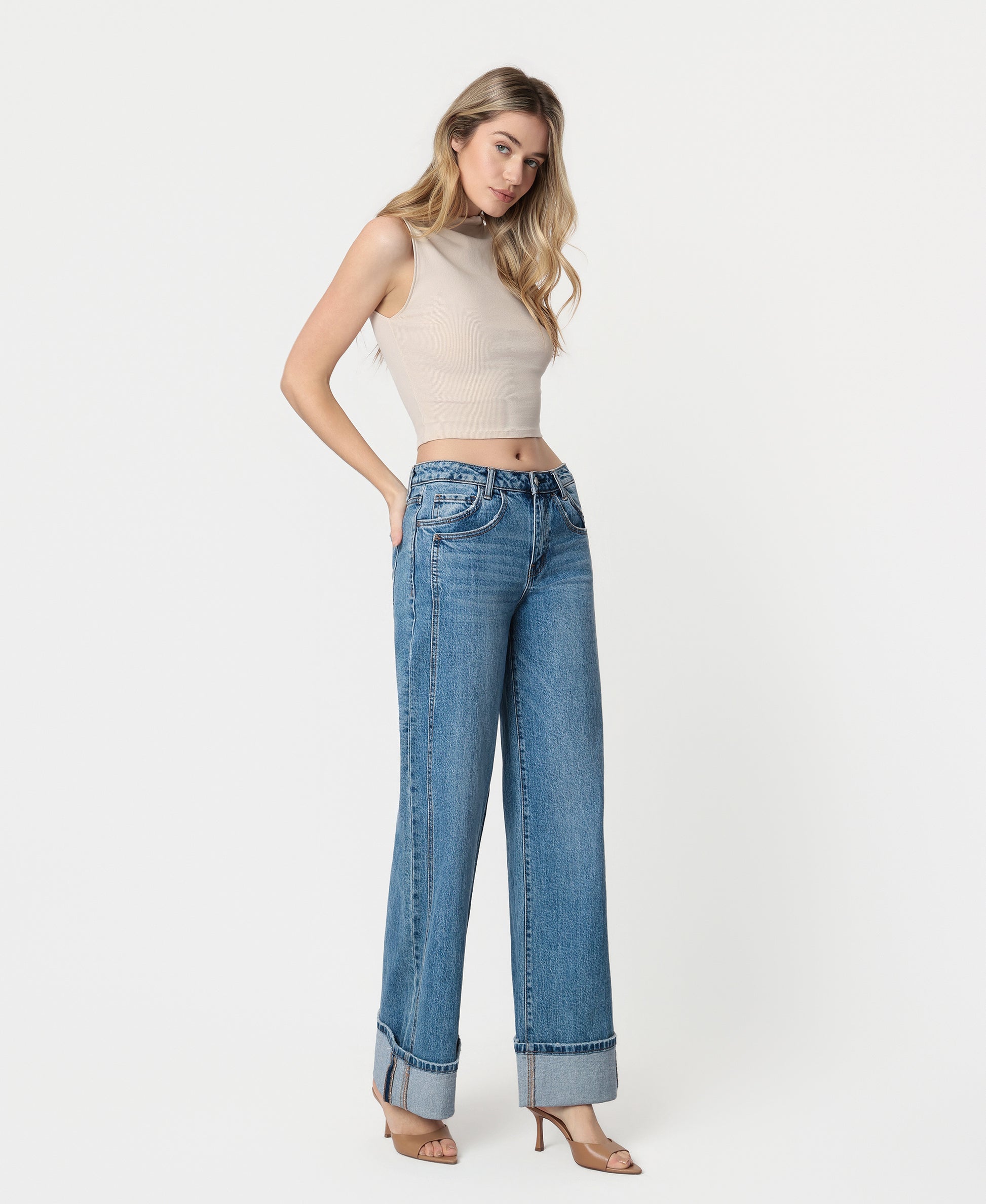Right 45 degrees product image of Shine - High Rise Cuffed Panel Baggy Wide Leg Jeans