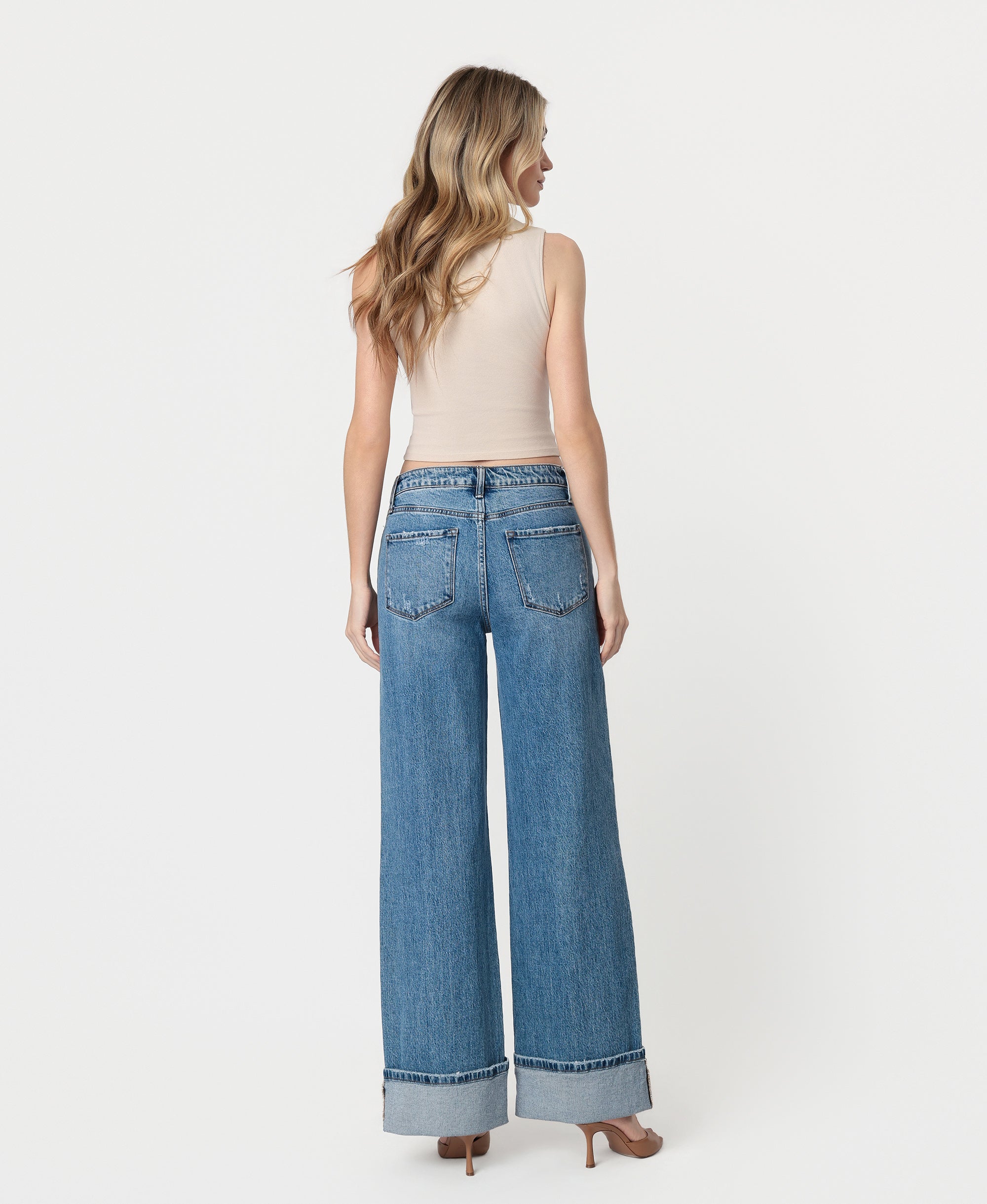 VERVET Shine High Rise Cuffed Panel Baggy Wide Leg Jeans