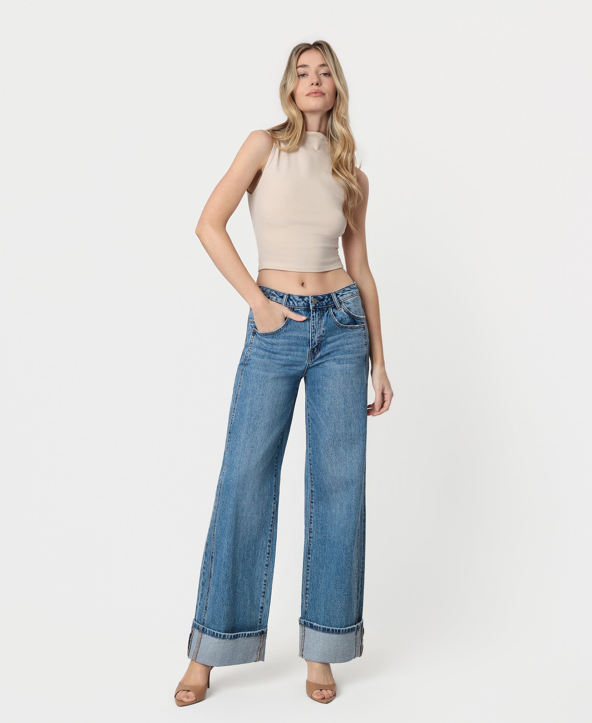 Front product images of Shine - High Rise Cuffed Panel Baggy Wide Leg Jeans