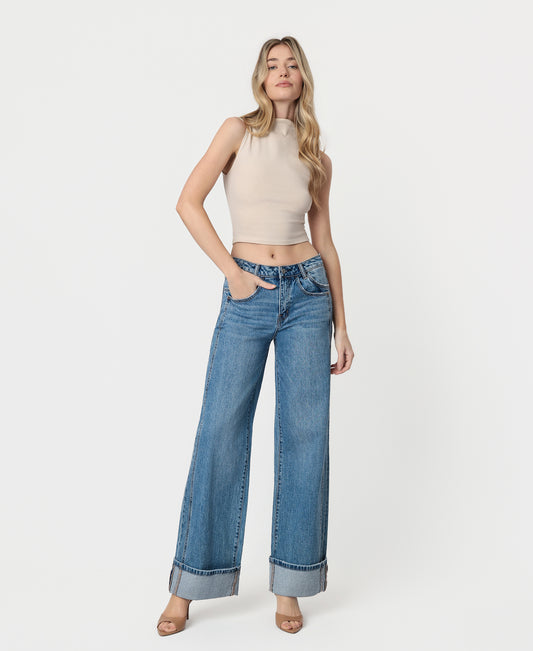 Front product images of Shine - High Rise Cuffed Panel Baggy Wide Leg Jeans