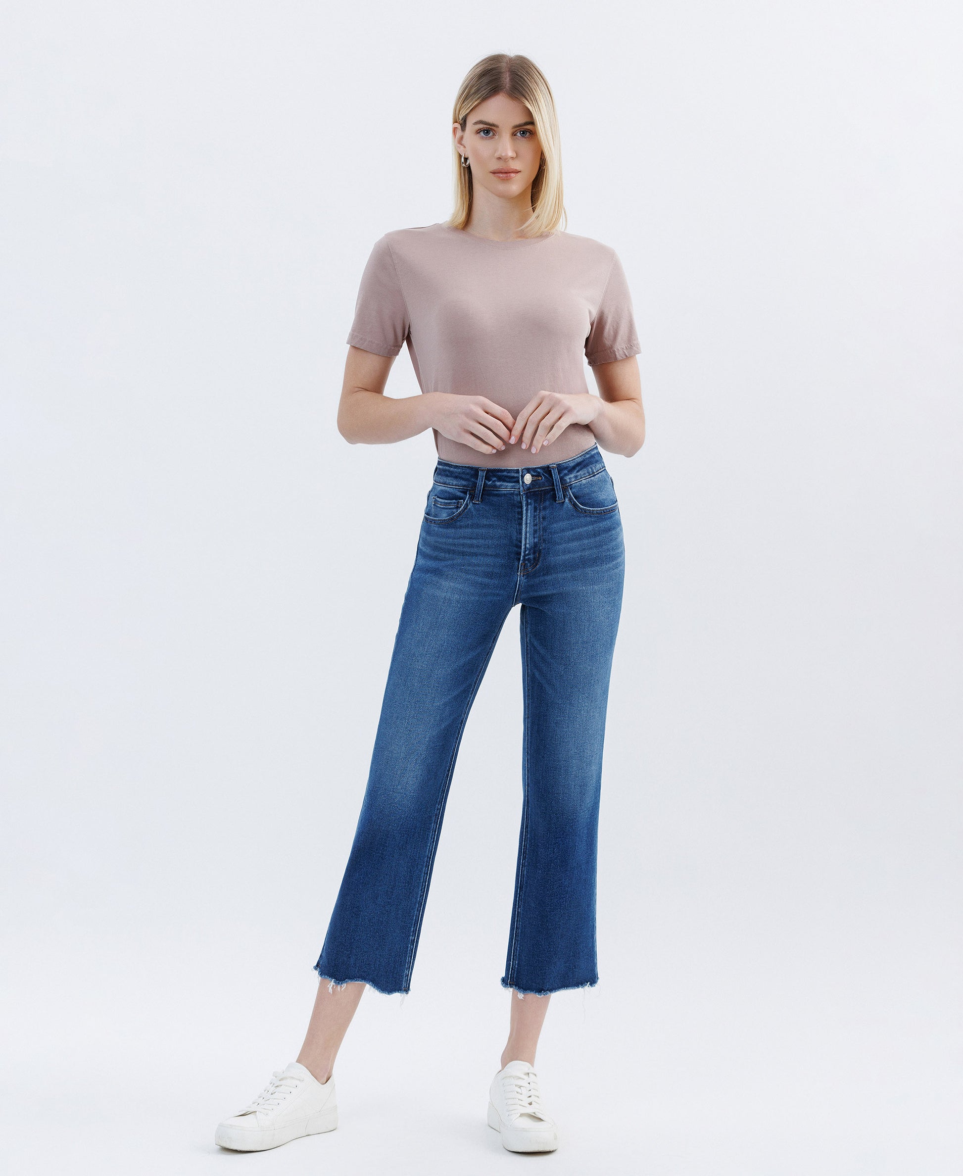 Front product images of Love So True - High Rise Uneven Raw Hem Crop Straight Jeans