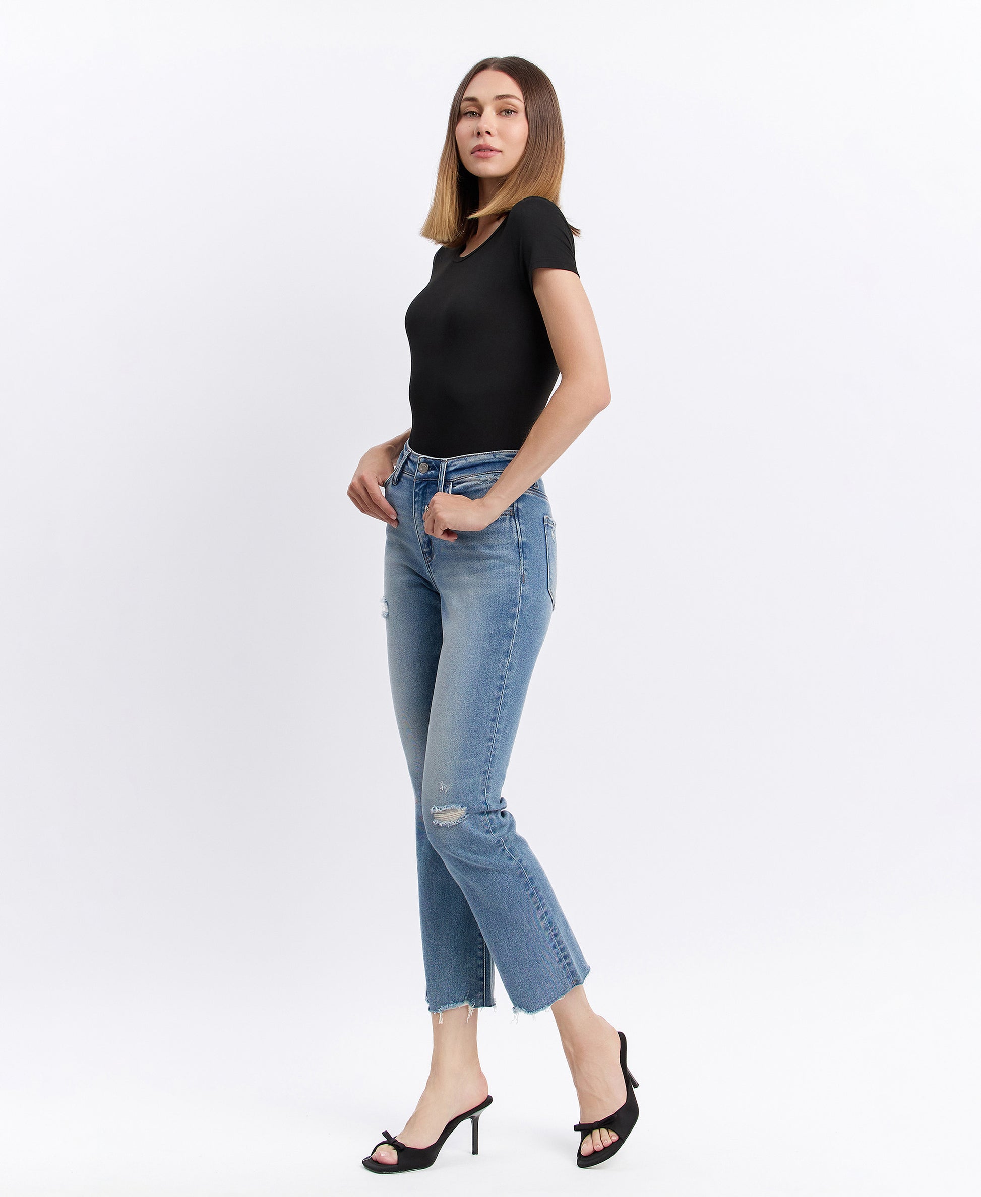 Left 45 degrees product image of Sunney - High Rise Distressed Raw Hem Straight Jeans
