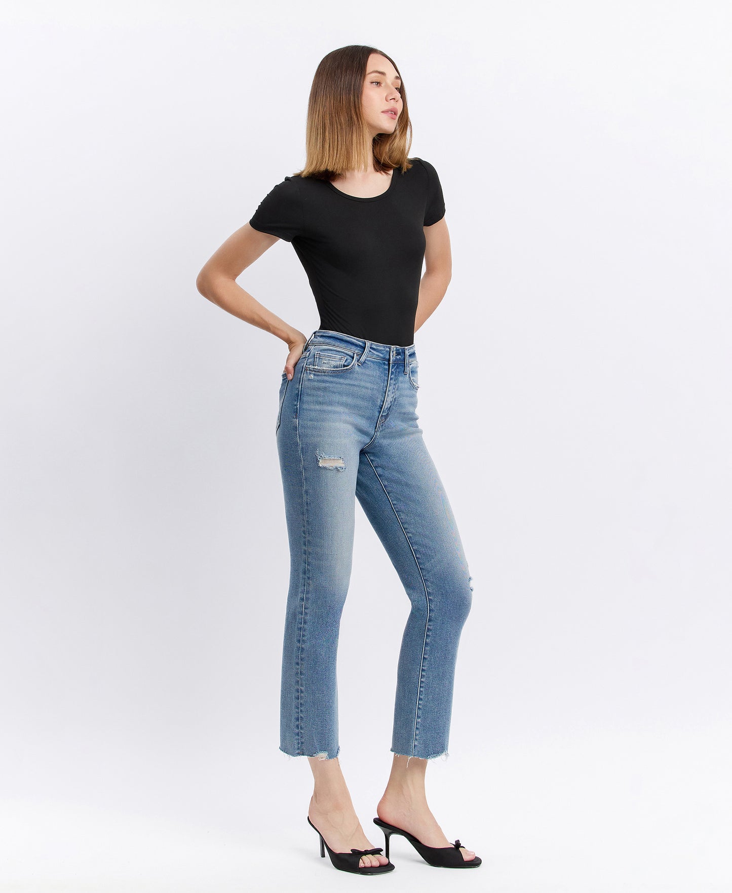 Right 45 degrees product image of Sunney - High Rise Distressed Raw Hem Straight Jeans
