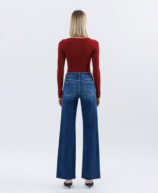 Left 45 degrees product image of Back product images of Auburn - High Rise Raw Hem Slim Wide Leg Jeans