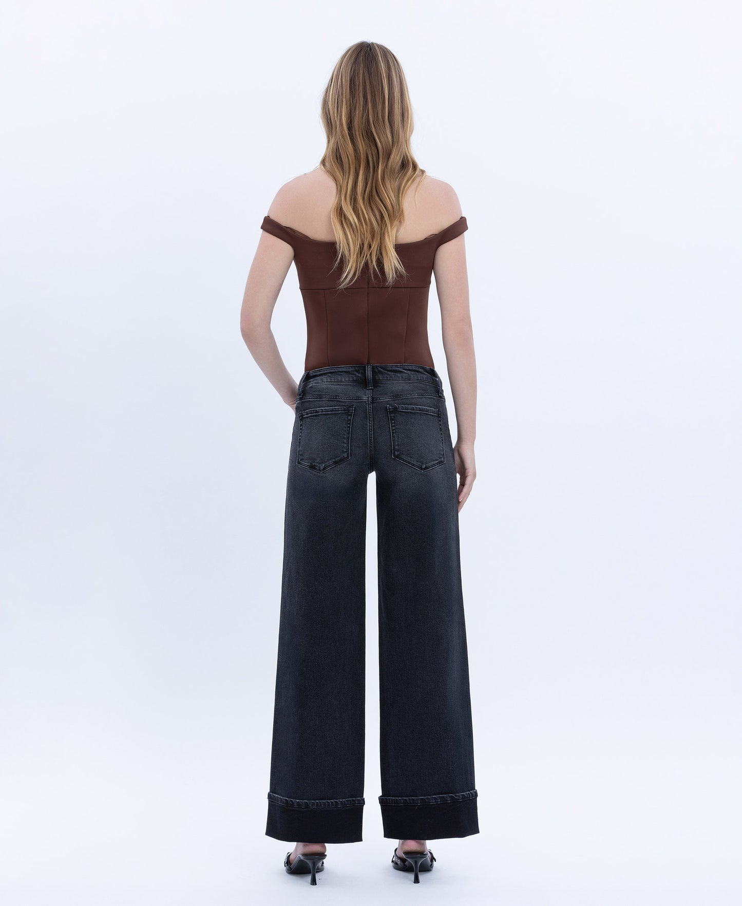 Back product images of Black - Low Rise Cuffed Baggy Wide Leg Jeans