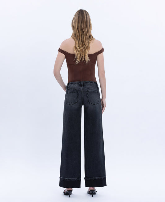 Back product images of Black - Low Rise Cuffed Baggy Wide Leg Jeans