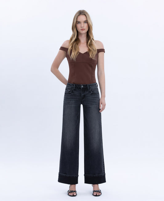 Front product images of Black - Low Rise Cuffed Baggy Wide Leg Jeans