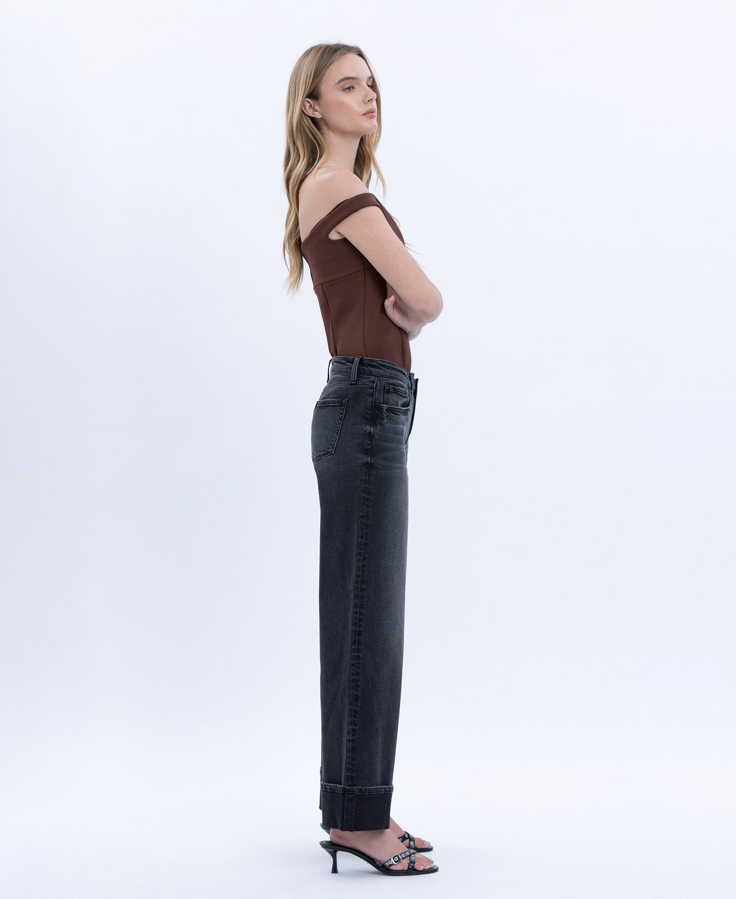 Right 45 degrees product image of Black - Low Rise Cuffed Baggy Wide Leg Jeans