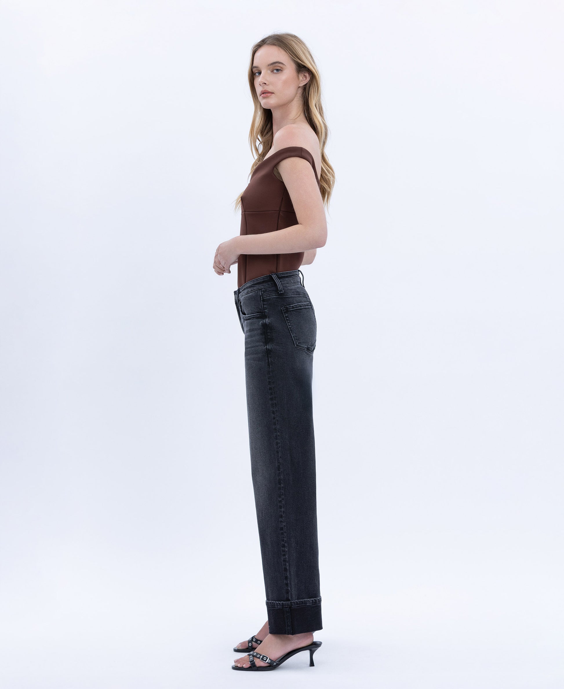 Left side product images of Black - Low Rise Cuffed Baggy Wide Leg Jeans