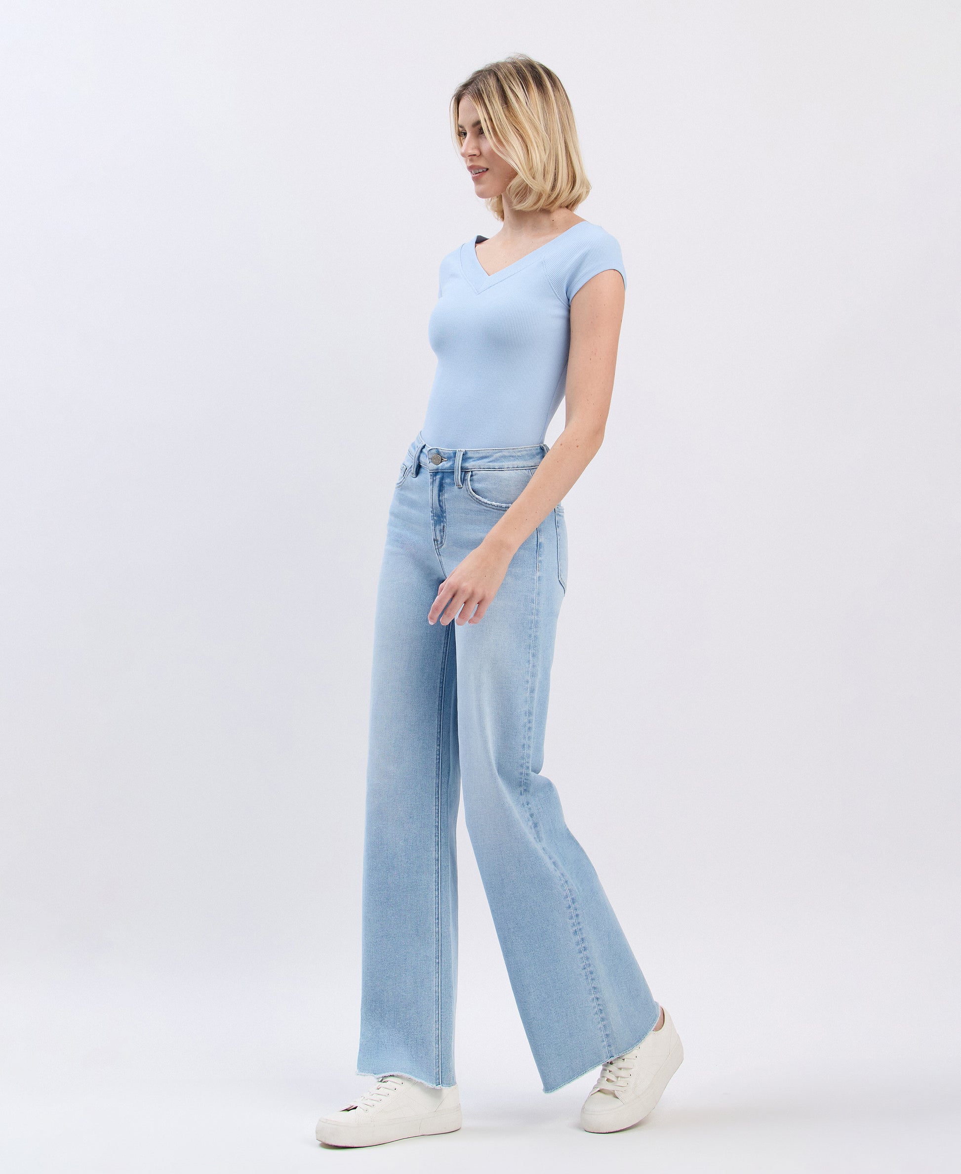 Left 45 degrees product image of Judy - High Rise Raw Hem Wide Leg Jeans
