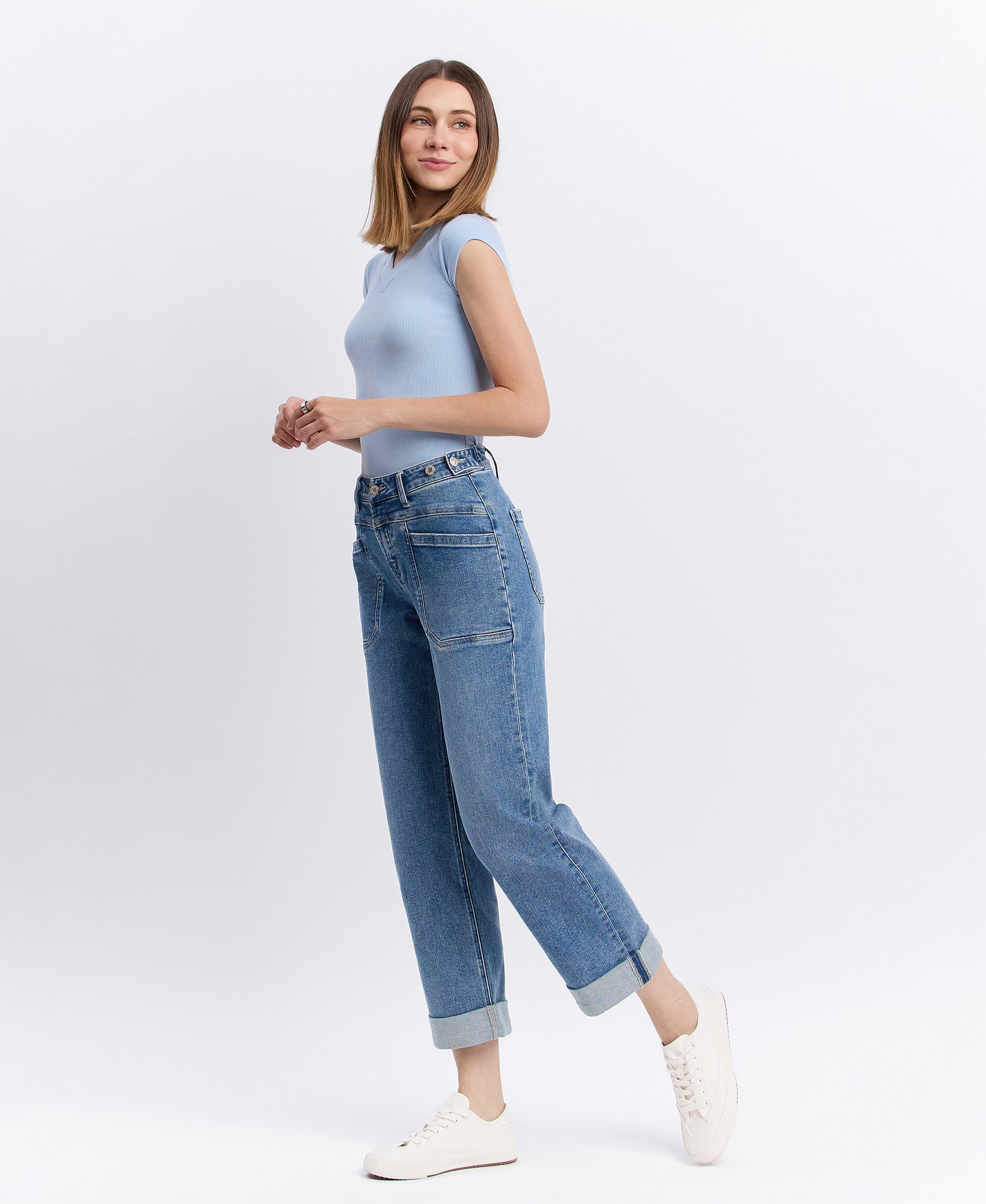 Left 45 degrees product image of Multi Love - High Rise Tab Waistband Cuffed Slim Wide Leg Jeans