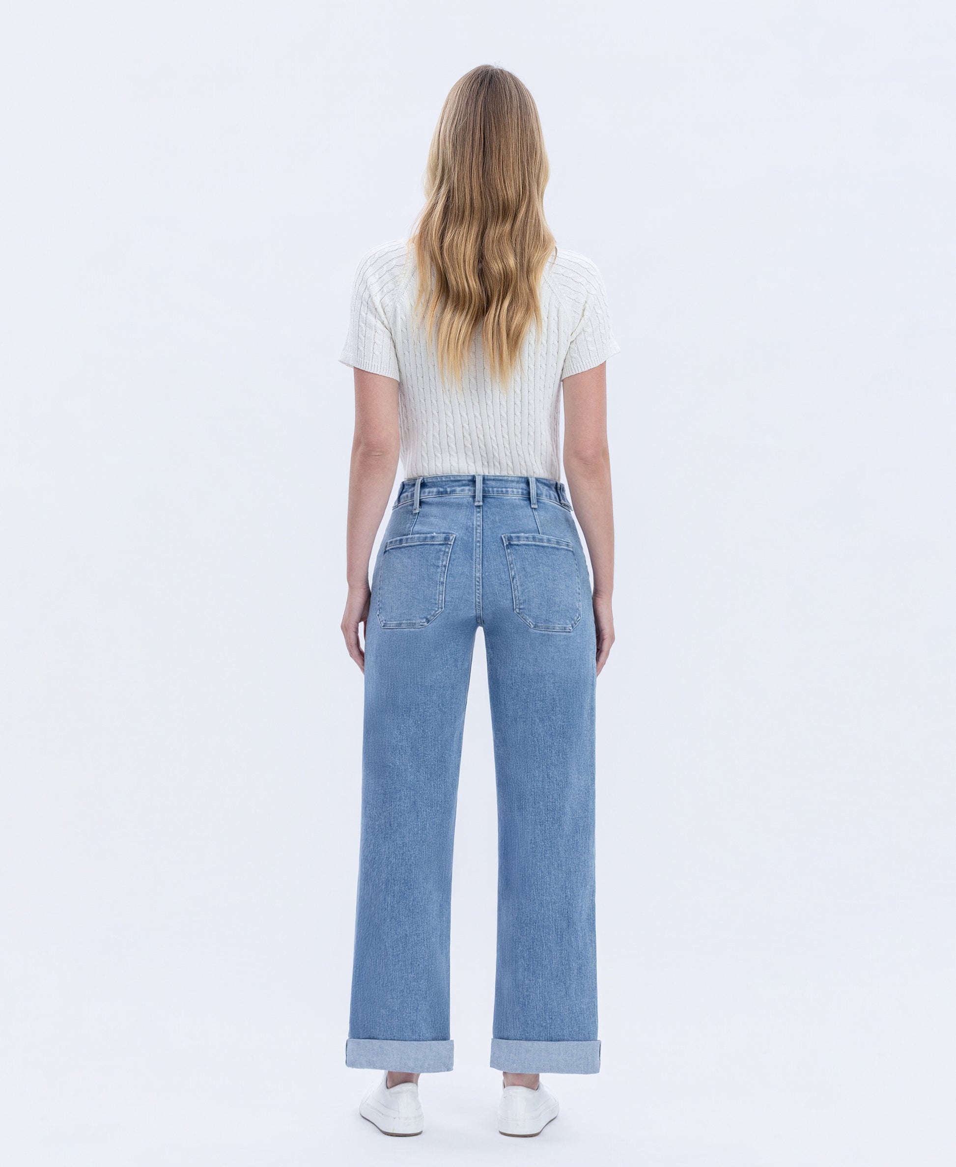 Back product images of Multi Love - High Rise Tab Waistband Cuffed Slim Wide Leg Jeans