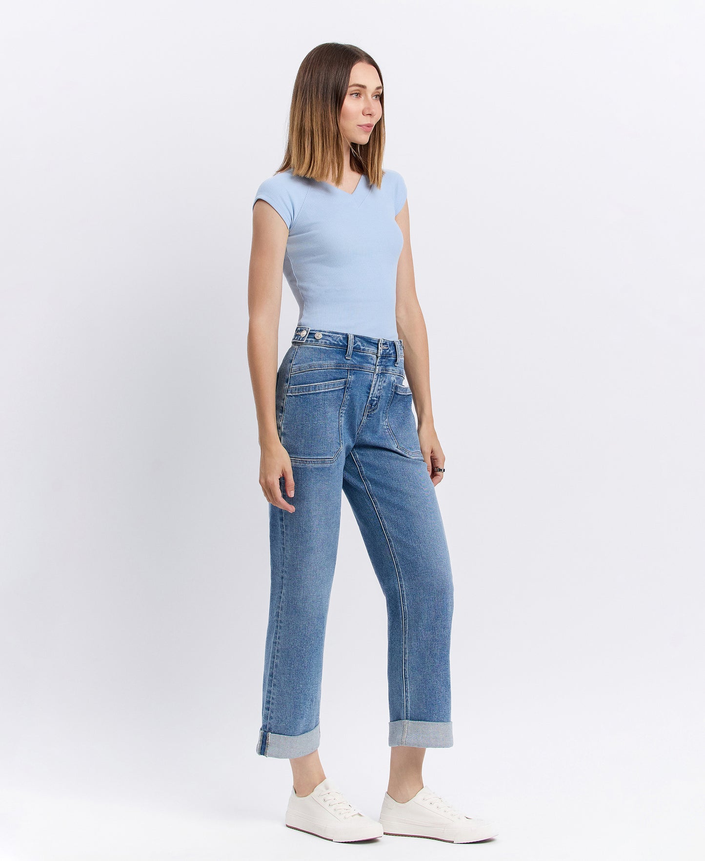 Right 45 degrees product image of Multi Love - High Rise Tab Waistband Cuffed Slim Wide Leg Jeans