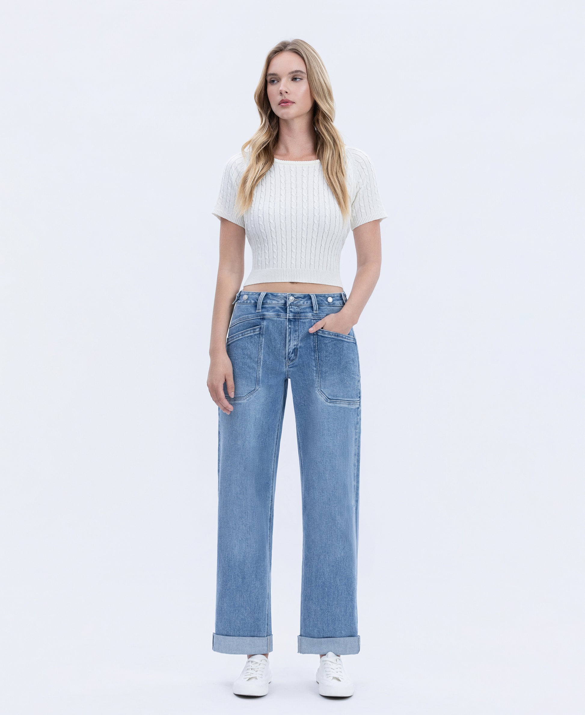 Front product images of Multi Love - High Rise Tab Waistband Cuffed Slim Wide Leg Jeans