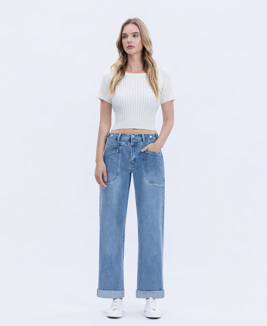 Front product images of Multi Love - High Rise Tab Waistband Cuffed Slim Wide Leg Jeans