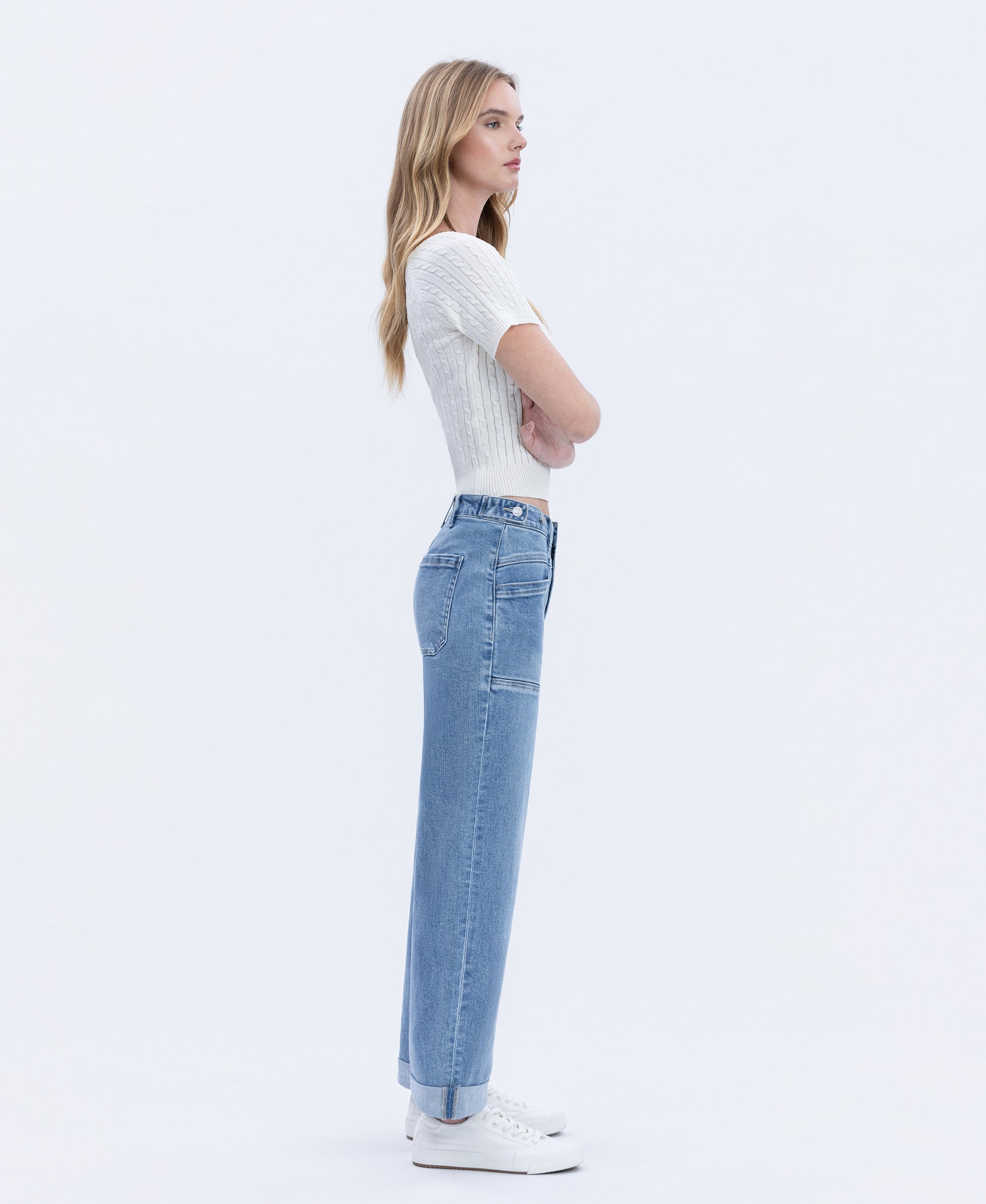 Right 45 degrees product image of Multi Love - High Rise Tab Waistband Cuffed Slim Wide Leg Jeans