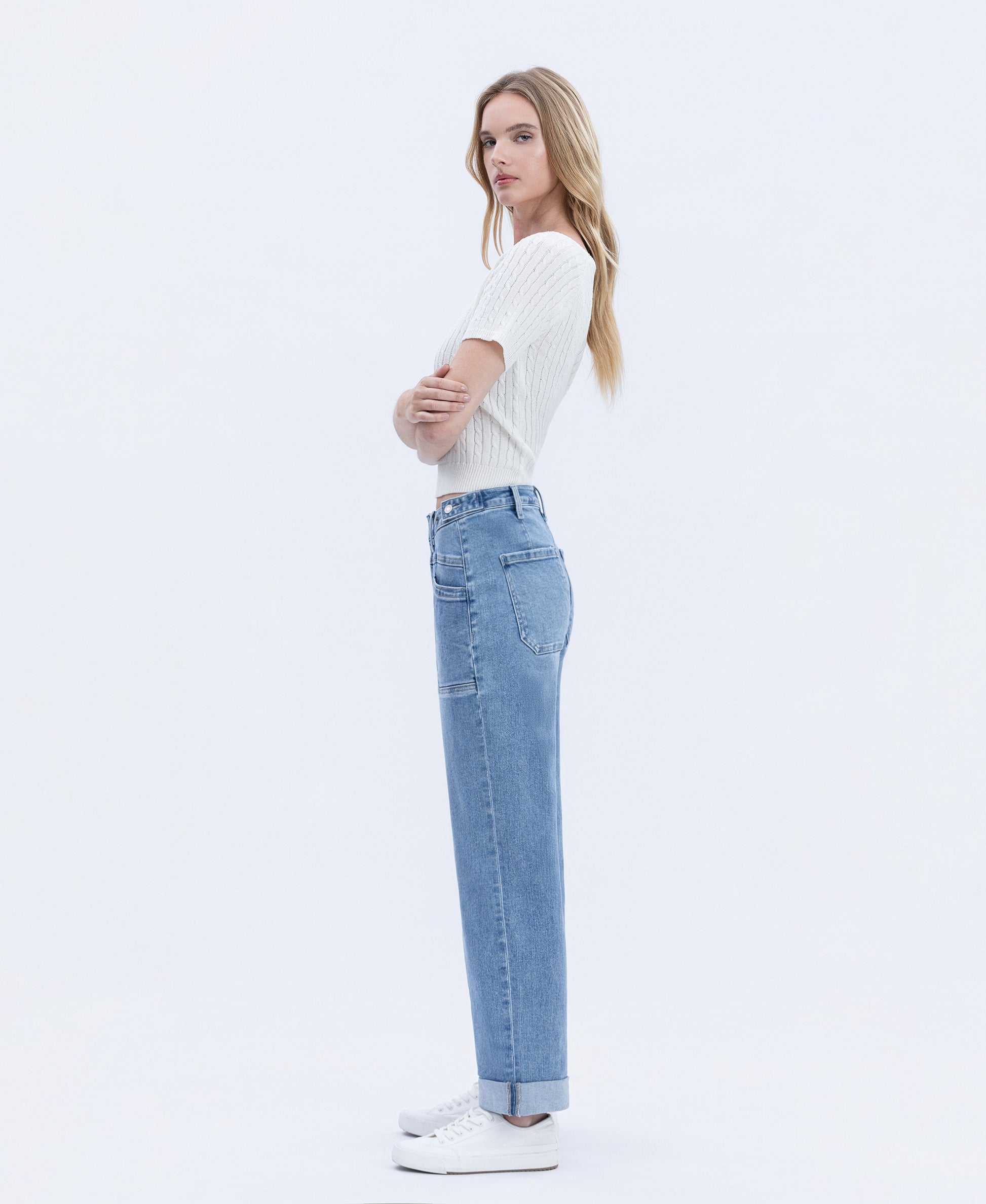 Left 45 degrees product image of Multi Love - High Rise Tab Waistband Cuffed Slim Wide Leg Jeans