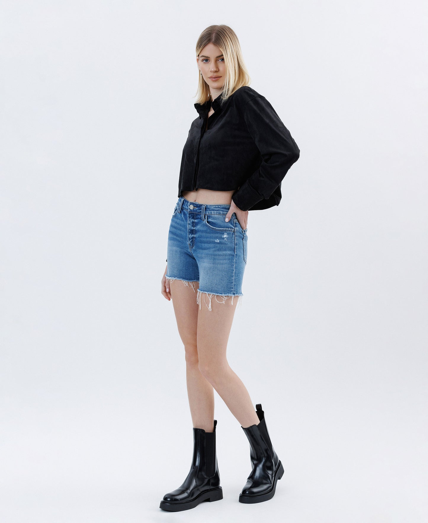 Left 45 degrees product image of Climax - High Rise Raw Hem Denim Shorts