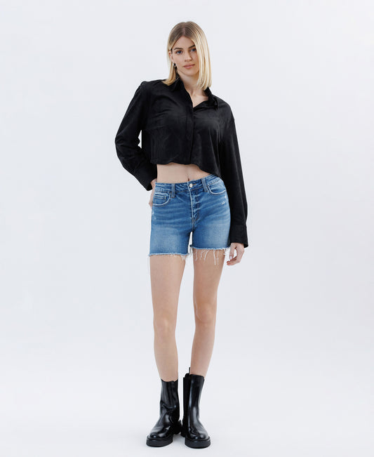 Front product images of Climax - High Rise Raw Hem Denim Shorts