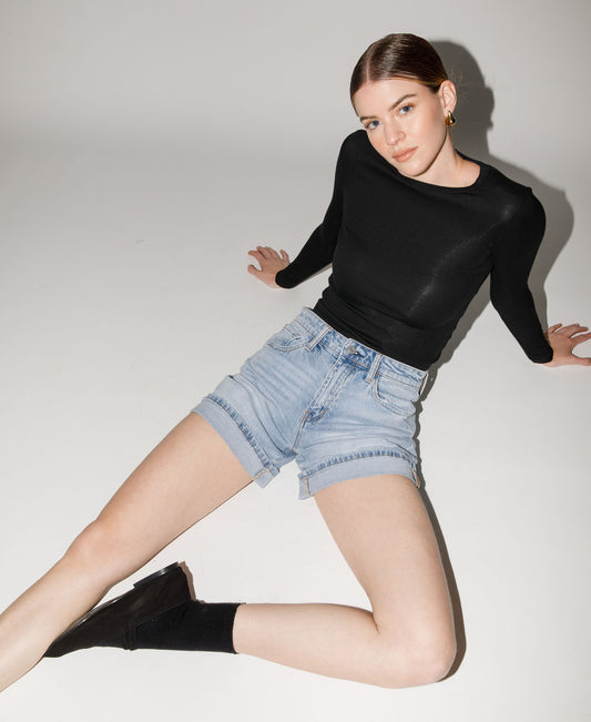 ediotrial image of Dulcify - High Rise Cuffed Denim Shorts
