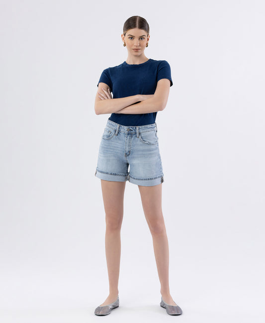Front product images of Dulcify - High Rise Cuffed Denim Shorts