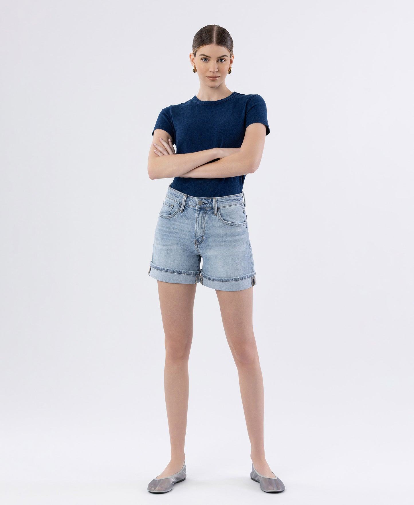 Front product images of Dulcify - High Rise Cuffed Denim Shorts