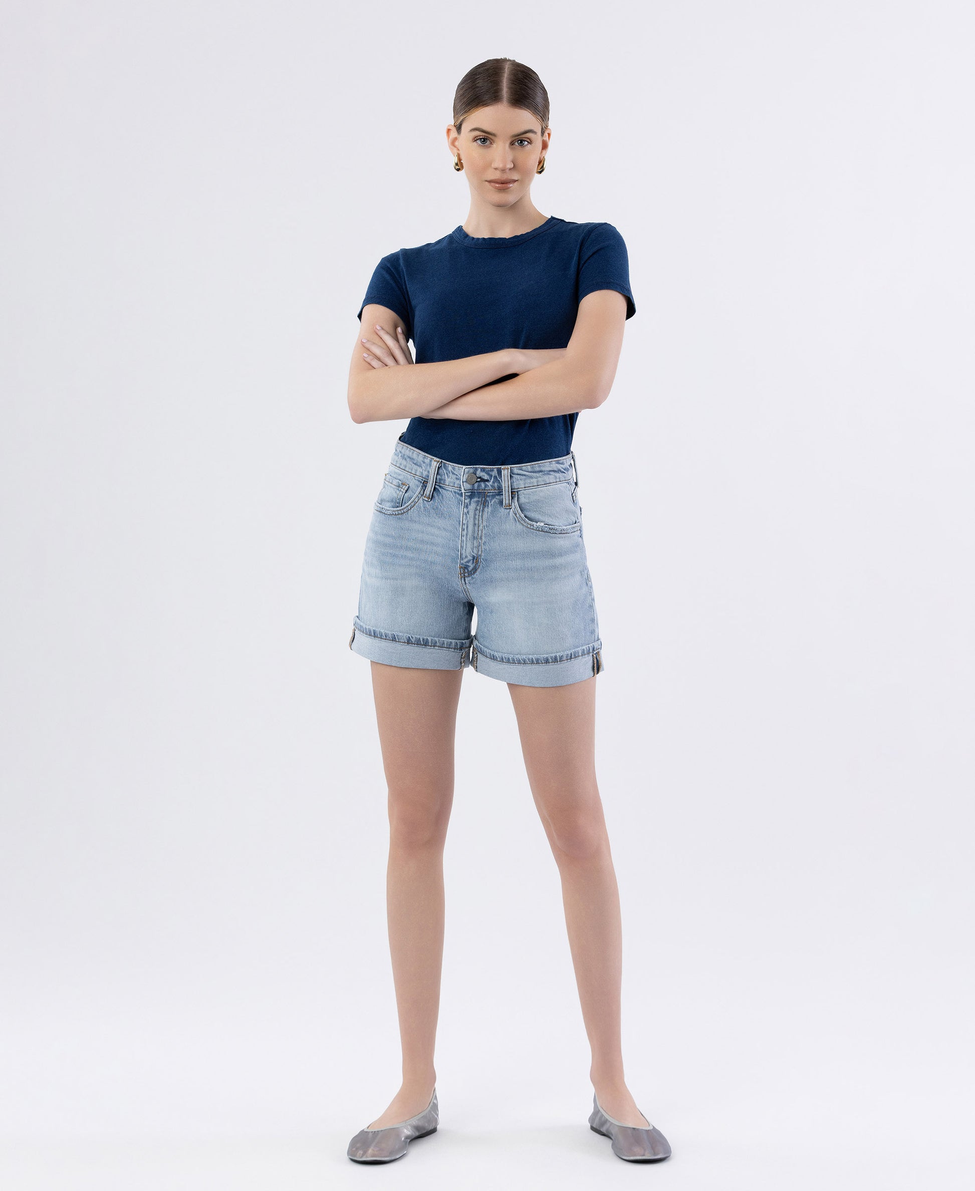 Front product images of Dulcify - High Rise Cuffed Denim Shorts