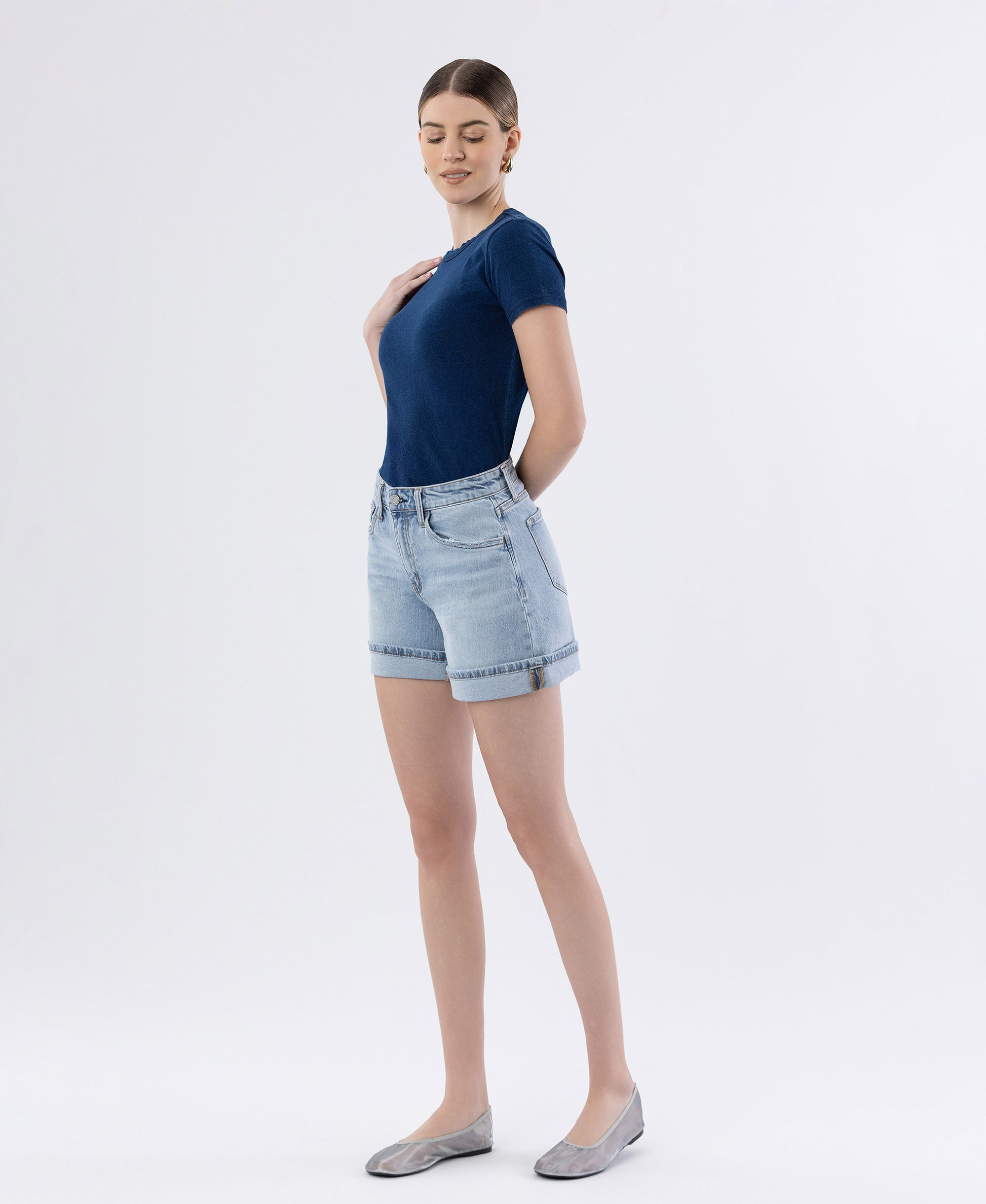 Left 45 degrees product image of  Dulcify - High Rise Cuffed Denim Shorts
