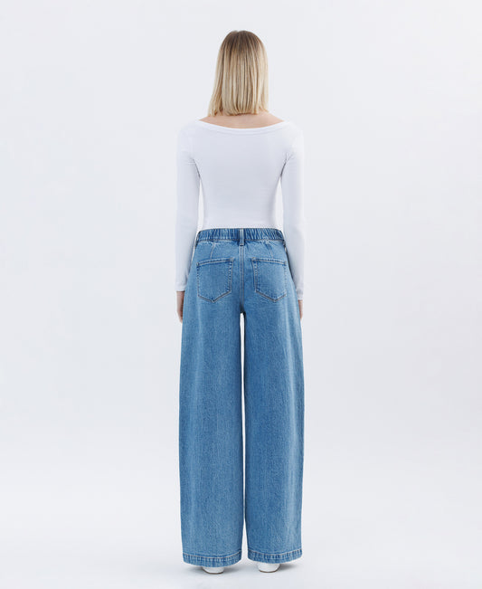 Unabashed - Super High Rise Pleated Drawstring Wide Leg Jeans