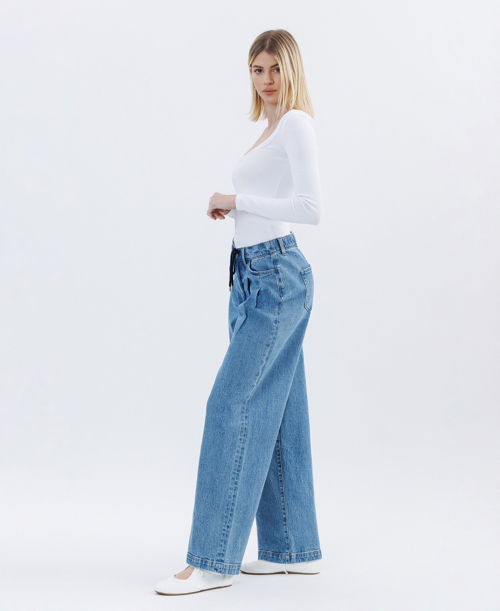 Unabashed - Super High Rise Pleated Drawstring Wide Leg Jeans