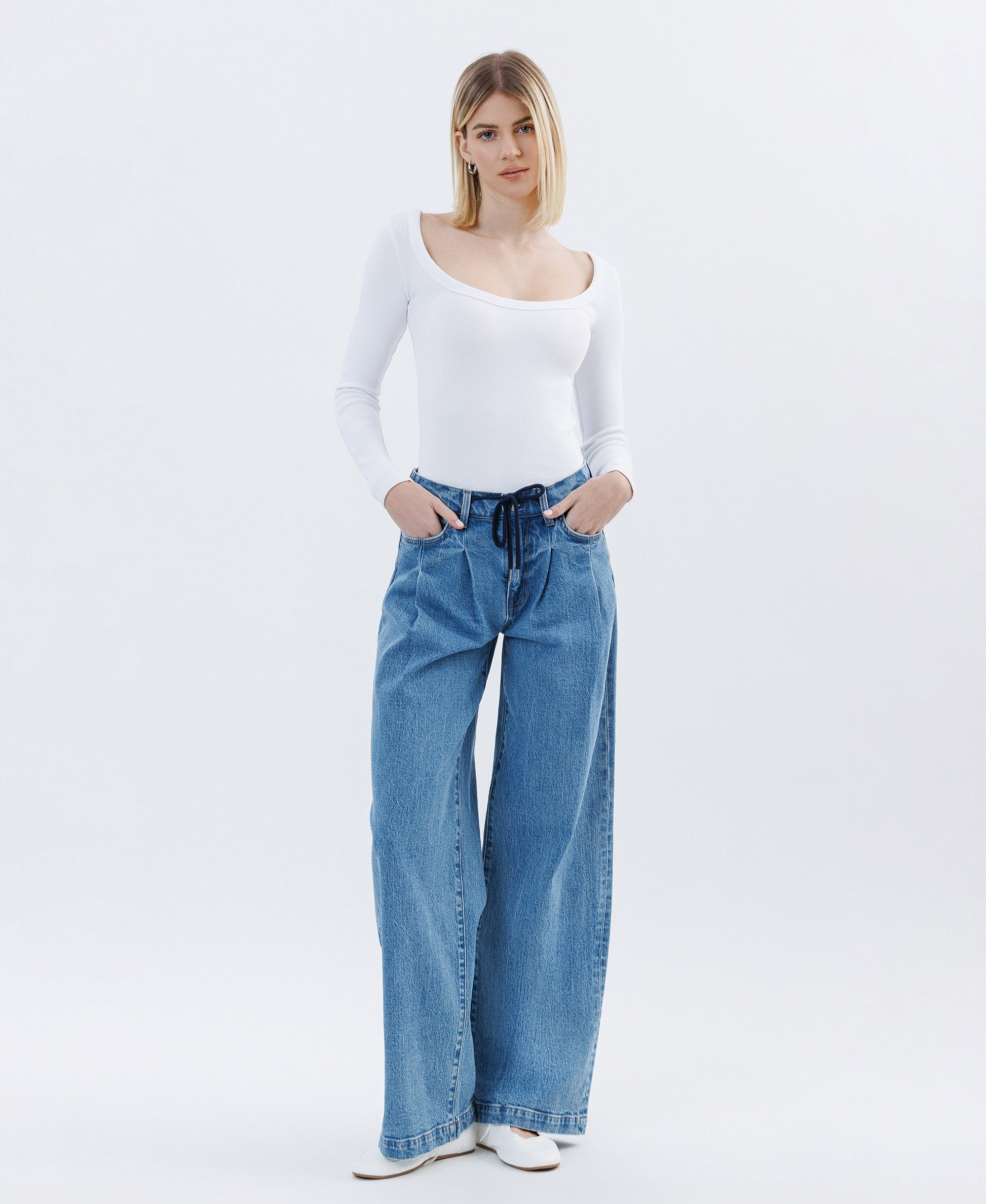 Unabashed - Super High Rise Pleated Drawstring Wide Leg Jeans