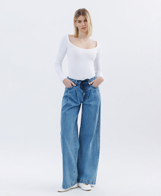 Unabashed - Super High Rise Pleated Drawstring Wide Leg Jeans