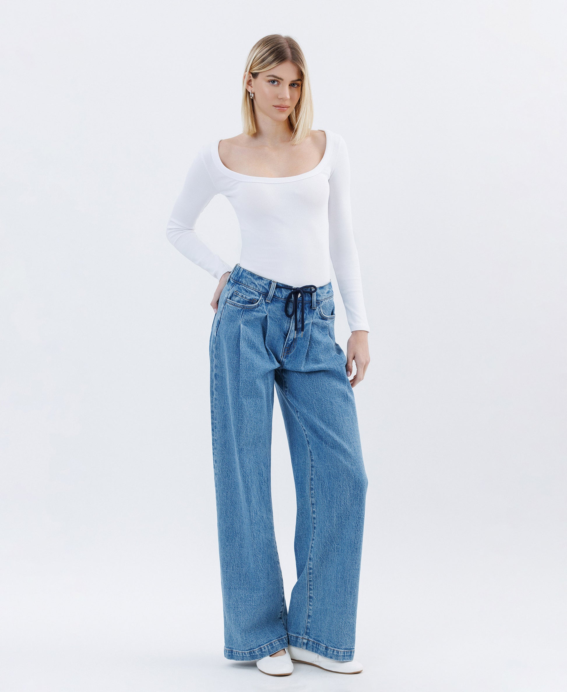 Unabashed - Super High Rise Pleated Drawstring Wide Leg Jeans
