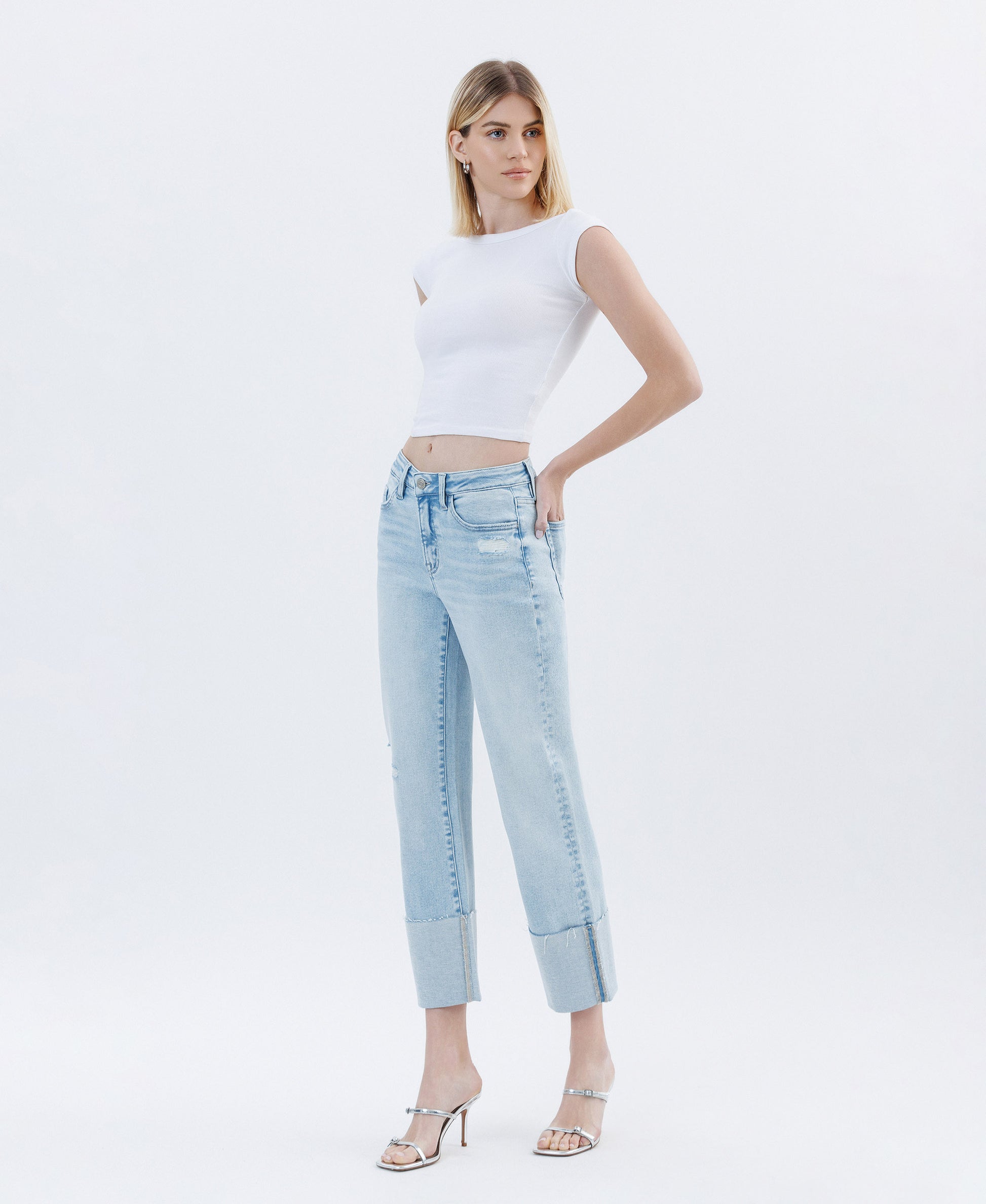 Left 45 degrees product image of Wowed - High Rise Cuffed Crop  Straight Jeans