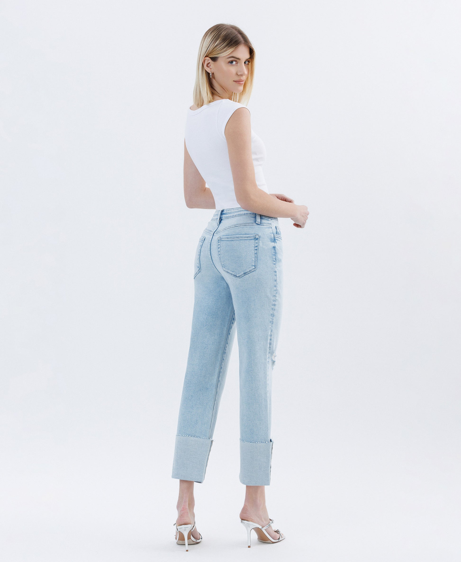 Back product images of Wowed - High Rise Cuffed Crop  Straight Jeans