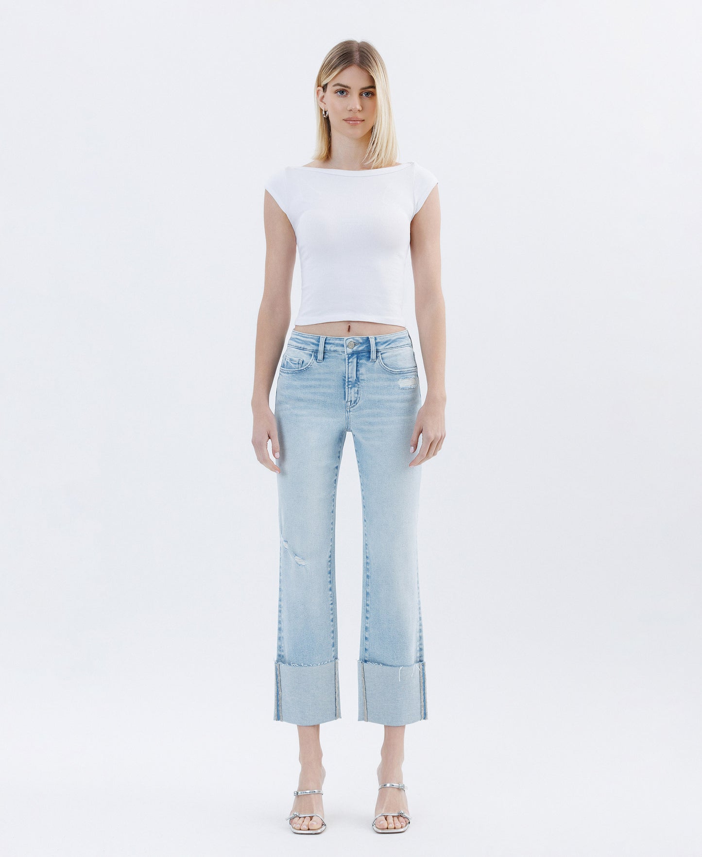 Front product images of Wowed - High Rise Cuffed Crop Straight Jeans
