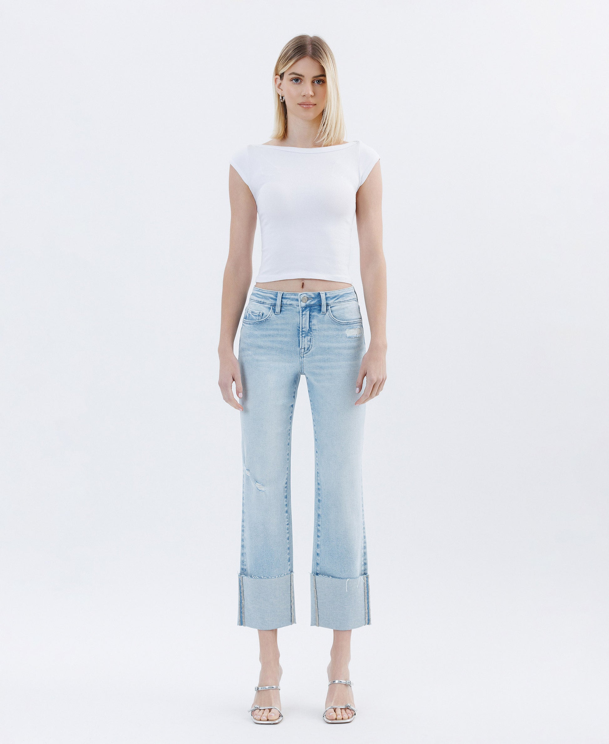 Front product images of Wowed - High Rise Cuffed Crop Straight Jeans
