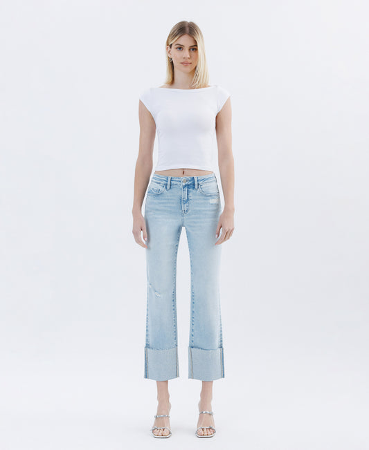 Front product images of Wowed - High Rise Cuffed Crop Straight Jeans
