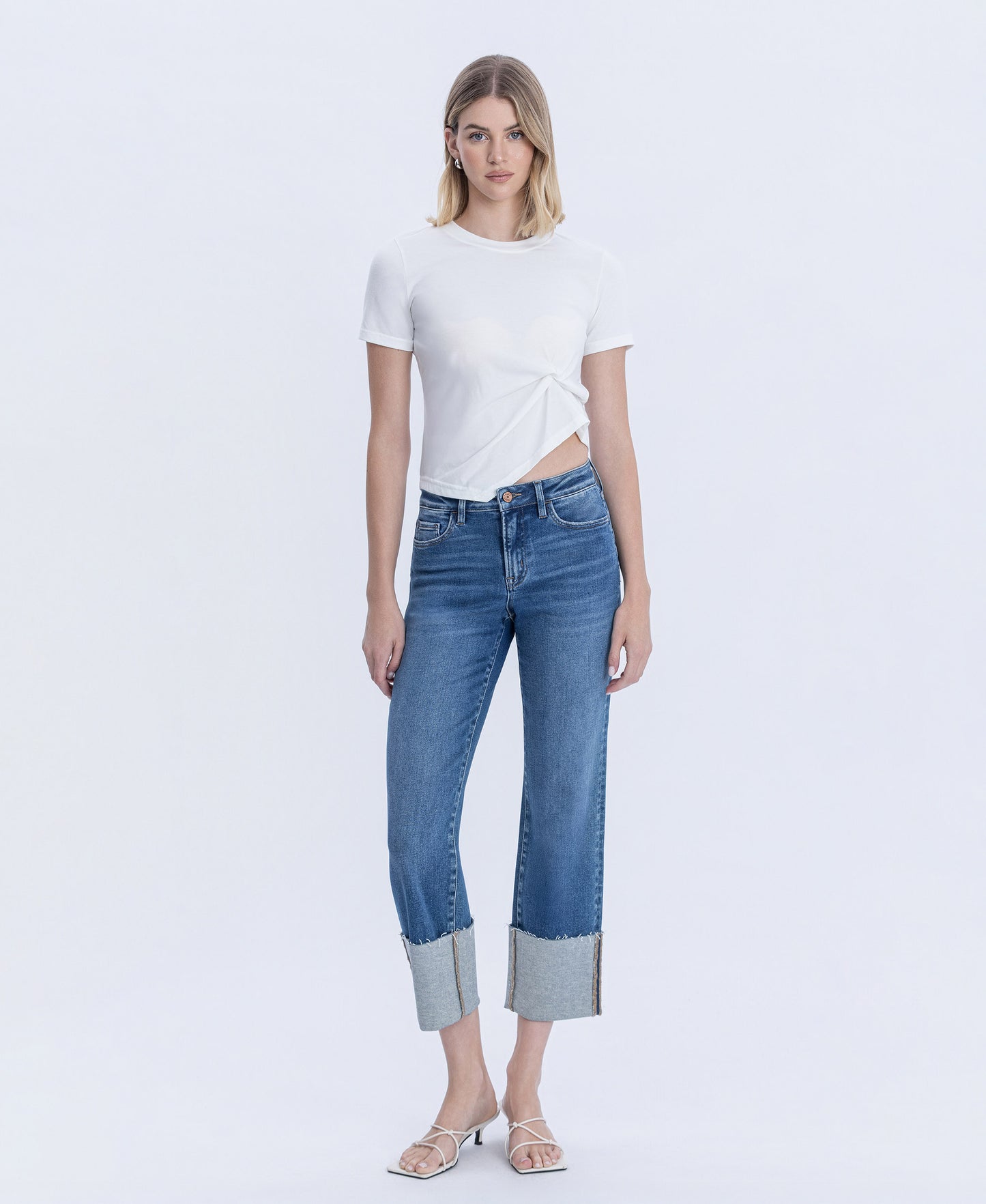 Front product images of Medium Dark - High Rise Cuffed Crop Straight Jeans