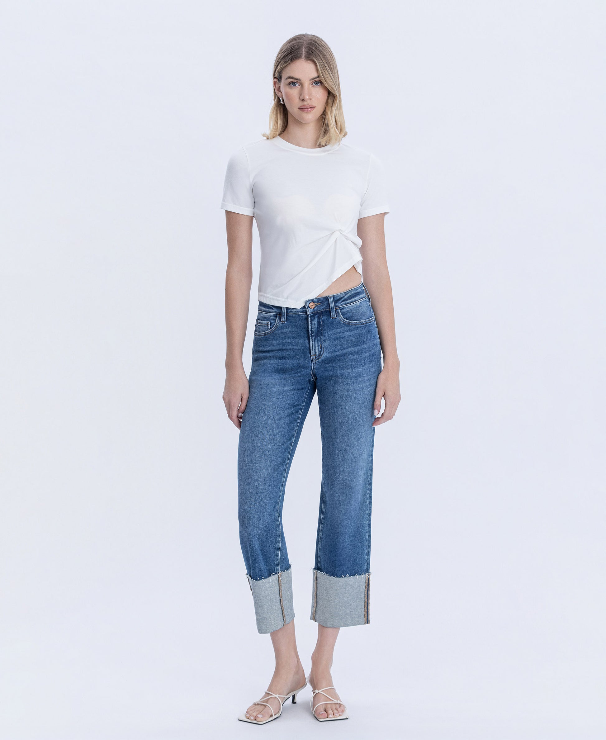 Front product images of Medium Dark - High Rise Cuffed Crop Straight Jeans