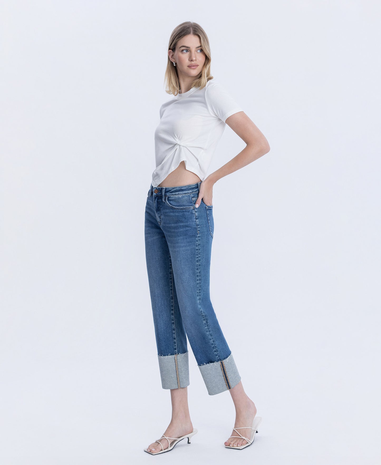 Left 45 degrees product image of Medium Dark - High Rise Cuffed Crop Straight Jeans