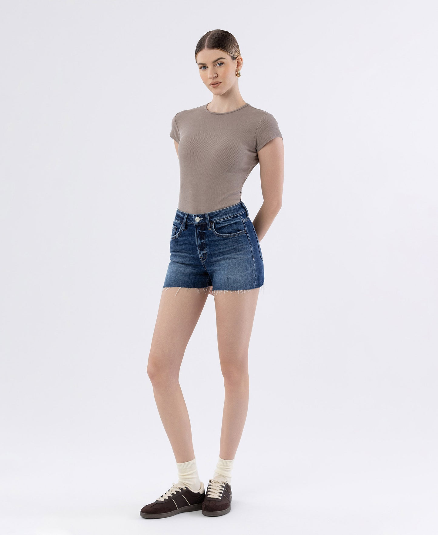 Left 45 degrees product image of Lake Of Fire - High Rise Clean Cut Raw Hem Denim Shorts