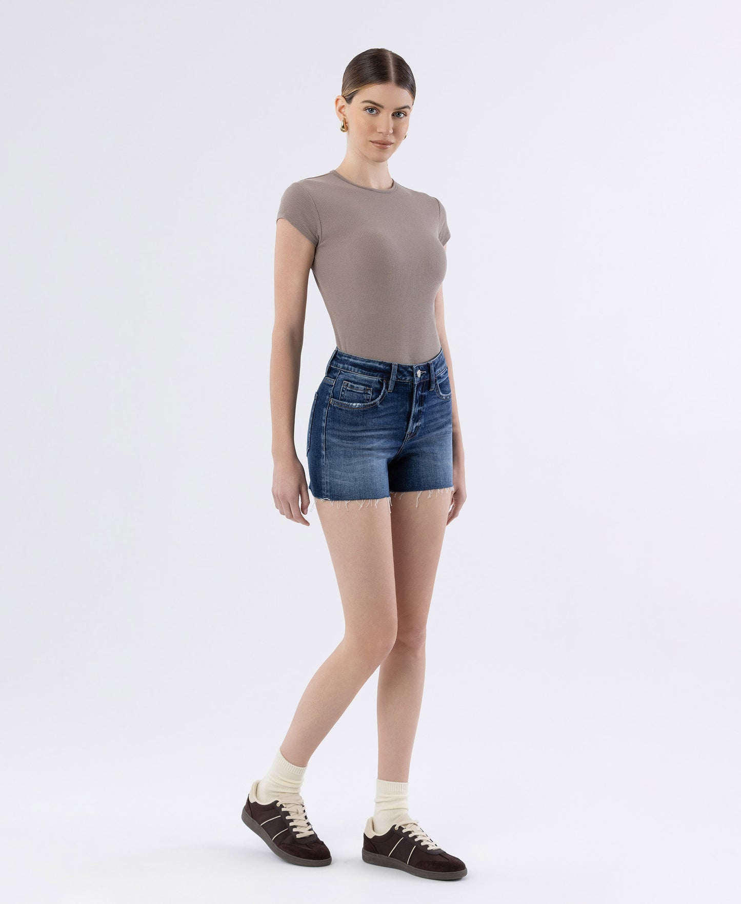Right side product images of Lake Of Fire - High Rise Clean Cut Raw Hem Denim Shorts